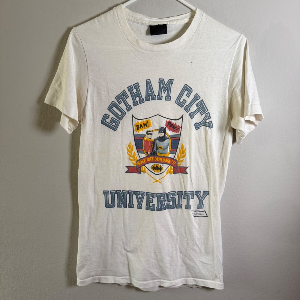 Vintage 1988 Batman & Robin Gotham City University T-Shirt White Changes Small